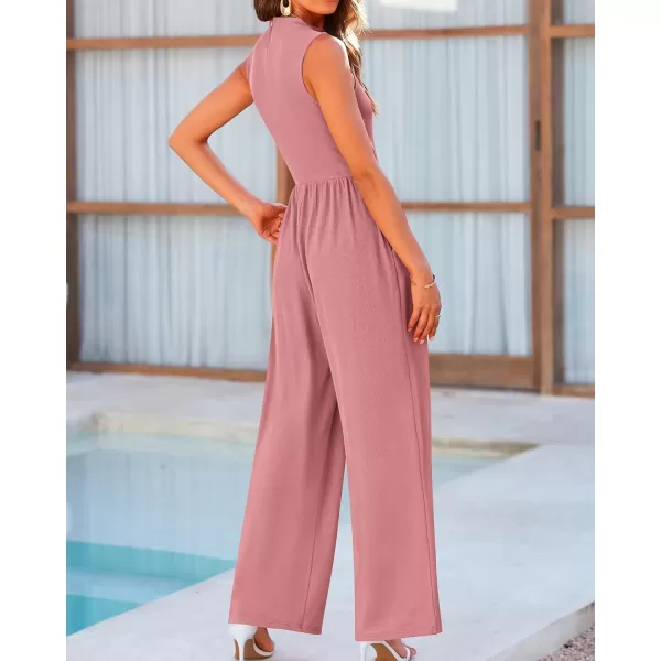 BTFBM One Piece Jumpsuits For Women Dressy Casual Summer Outfits Sleeveless Mock Neck Wide Leg Pants Rompers With PocketSolid Dusty Pink