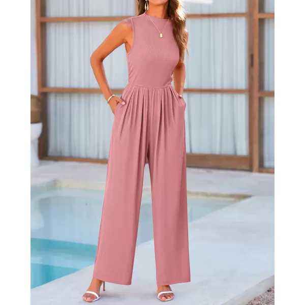 BTFBM One Piece Jumpsuits For Women Dressy Casual Summer Outfits Sleeveless Mock Neck Wide Leg Pants Rompers With PocketSolid Dusty Pink
