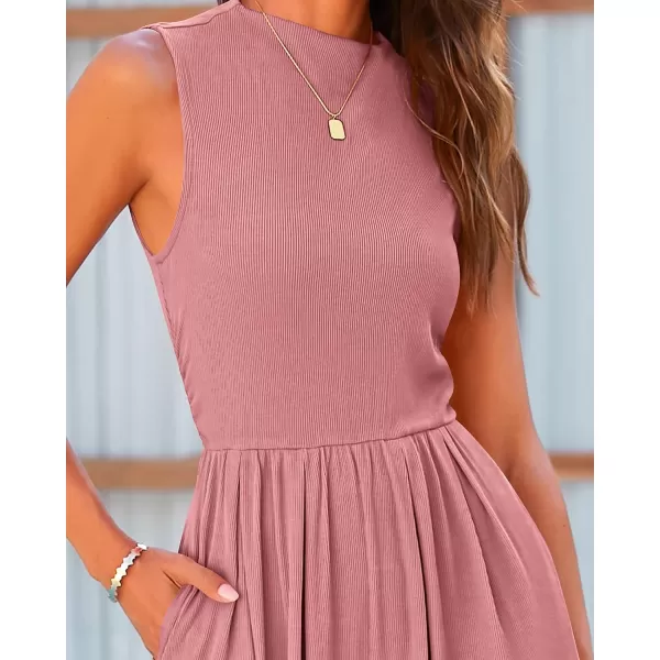 BTFBM One Piece Jumpsuits For Women Dressy Casual Summer Outfits Sleeveless Mock Neck Wide Leg Pants Rompers With PocketSolid Dusty Pink