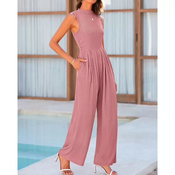BTFBM One Piece Jumpsuits For Women Dressy Casual Summer Outfits Sleeveless Mock Neck Wide Leg Pants Rompers With PocketSolid Dusty Pink