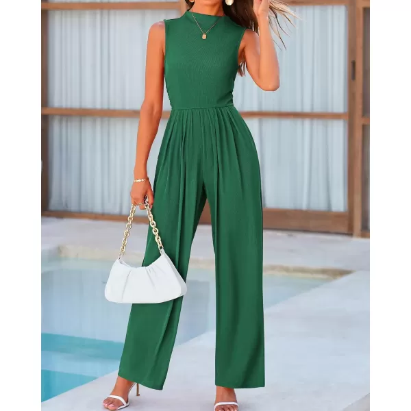 BTFBM One Piece Jumpsuits For Women Dressy Casual Summer Outfits Sleeveless Mock Neck Wide Leg Pants Rompers With PocketSolid Green