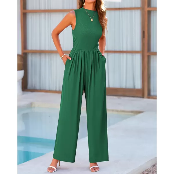 BTFBM One Piece Jumpsuits For Women Dressy Casual Summer Outfits Sleeveless Mock Neck Wide Leg Pants Rompers With PocketSolid Green
