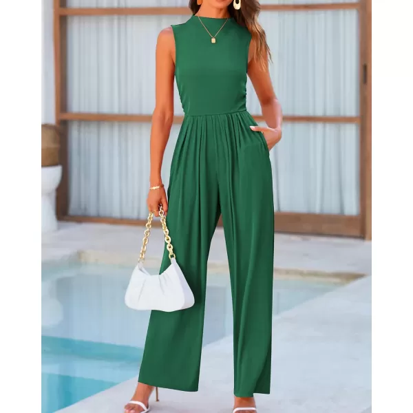 BTFBM One Piece Jumpsuits For Women Dressy Casual Summer Outfits Sleeveless Mock Neck Wide Leg Pants Rompers With PocketSolid Green