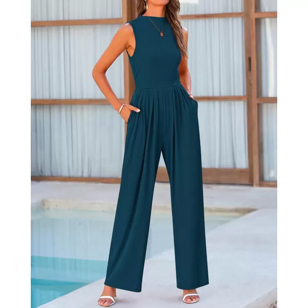 BTFBM One Piece Jumpsuits For Women Dressy Casual Summer Outfits Sleeveless Mock Neck Wide Leg Pants Rompers With PocketSolid Lake Blue