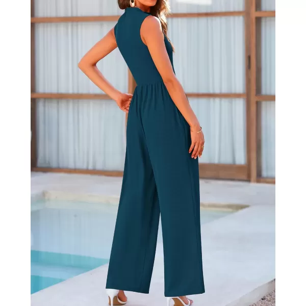 BTFBM One Piece Jumpsuits For Women Dressy Casual Summer Outfits Sleeveless Mock Neck Wide Leg Pants Rompers With PocketSolid Lake Blue