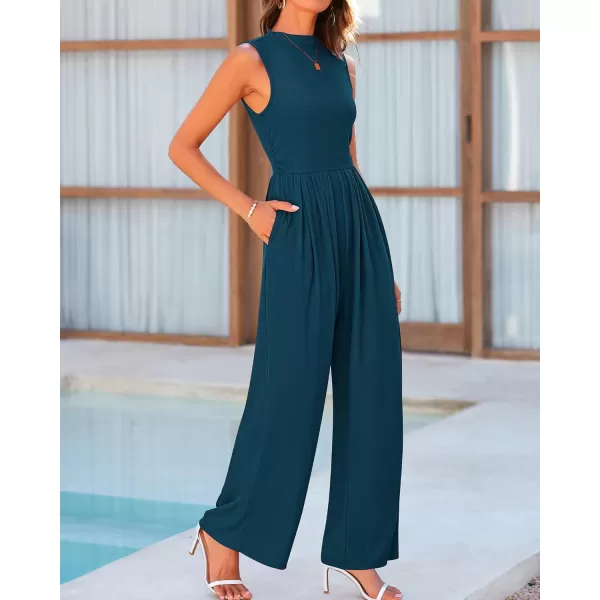 BTFBM One Piece Jumpsuits For Women Dressy Casual Summer Outfits Sleeveless Mock Neck Wide Leg Pants Rompers With PocketSolid Lake Blue