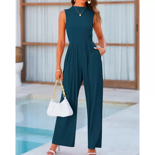 BTFBM One Piece Jumpsuits For Women Dressy Casual Summer Outfits Sleeveless Mock Neck Wide Leg Pants Rompers With PocketSolid Lake Blue