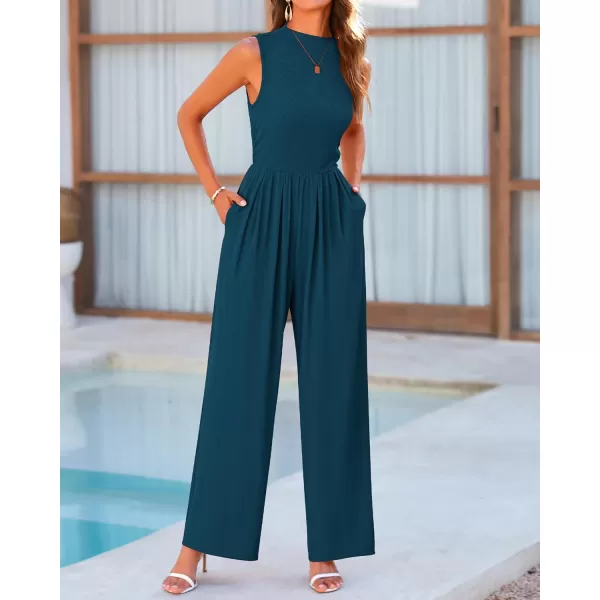 BTFBM One Piece Jumpsuits For Women Dressy Casual Summer Outfits Sleeveless Mock Neck Wide Leg Pants Rompers With PocketSolid Lake Blue