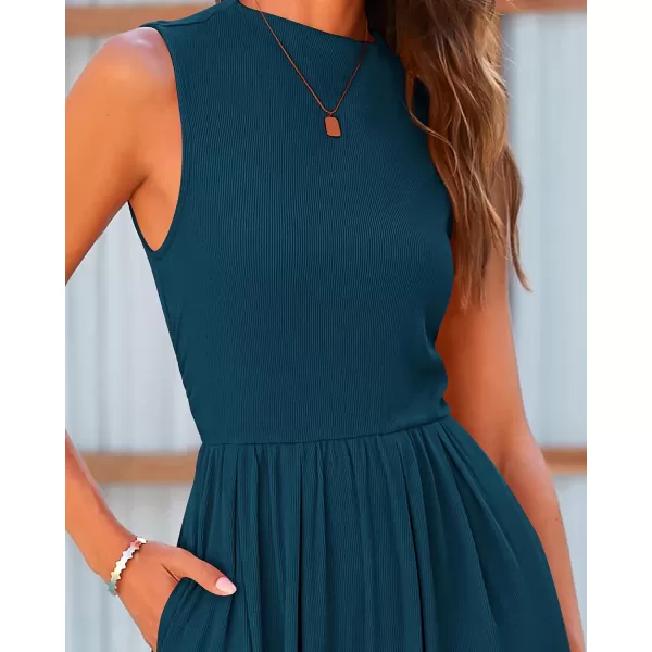 BTFBM One Piece Jumpsuits For Women Dressy Casual Summer Outfits Sleeveless Mock Neck Wide Leg Pants Rompers With PocketSolid Lake Blue
