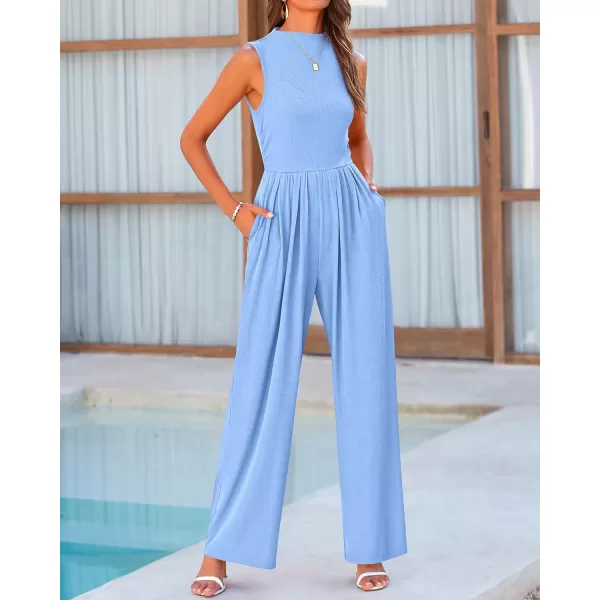 BTFBM One Piece Jumpsuits For Women Dressy Casual Summer Outfits Sleeveless Mock Neck Wide Leg Pants Rompers With PocketSolid Light Blue