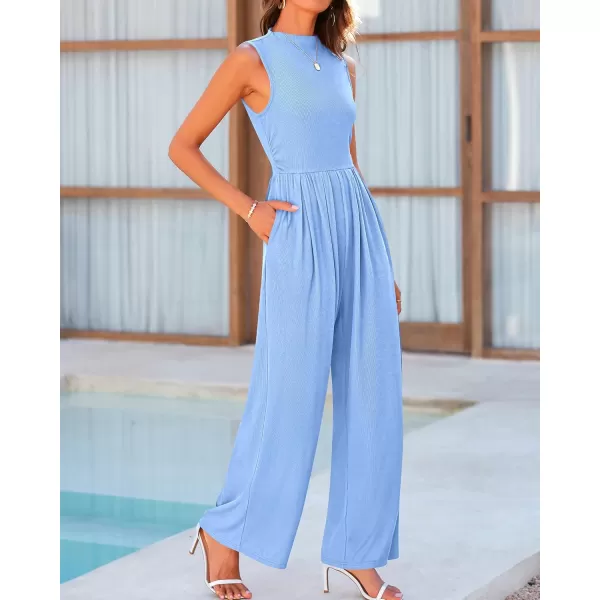 BTFBM One Piece Jumpsuits For Women Dressy Casual Summer Outfits Sleeveless Mock Neck Wide Leg Pants Rompers With PocketSolid Light Blue