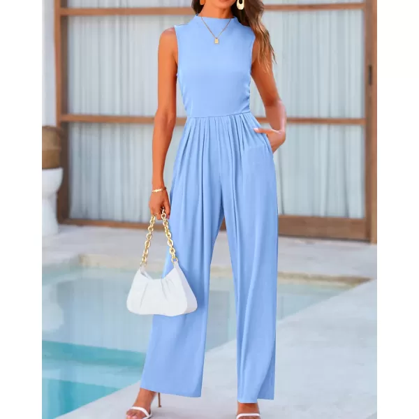BTFBM One Piece Jumpsuits For Women Dressy Casual Summer Outfits Sleeveless Mock Neck Wide Leg Pants Rompers With PocketSolid Light Blue