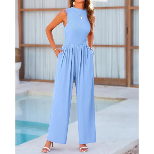 BTFBM One Piece Jumpsuits For Women Dressy Casual Summer Outfits Sleeveless Mock Neck Wide Leg Pants Rompers With PocketSolid Light Blue