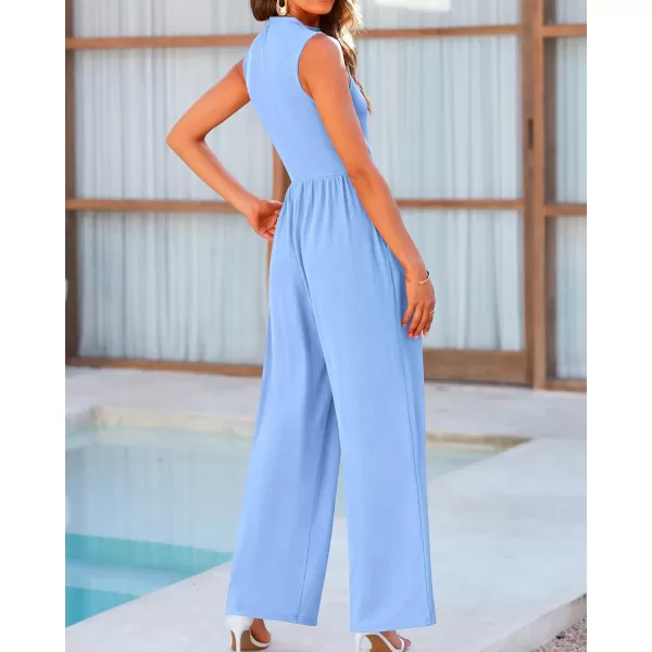 BTFBM One Piece Jumpsuits For Women Dressy Casual Summer Outfits Sleeveless Mock Neck Wide Leg Pants Rompers With PocketSolid Light Blue