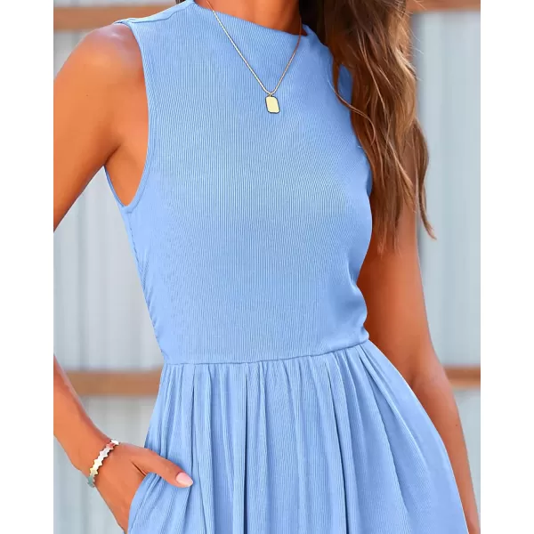 BTFBM One Piece Jumpsuits For Women Dressy Casual Summer Outfits Sleeveless Mock Neck Wide Leg Pants Rompers With PocketSolid Light Blue