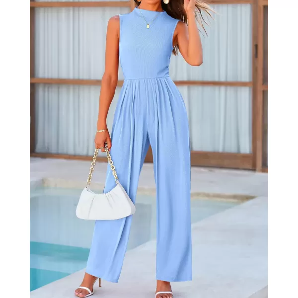 BTFBM One Piece Jumpsuits For Women Dressy Casual Summer Outfits Sleeveless Mock Neck Wide Leg Pants Rompers With PocketSolid Light Blue