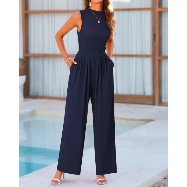 BTFBM One Piece Jumpsuits For Women Dressy Casual Summer Outfits Sleeveless Mock Neck Wide Leg Pants Rompers With PocketSolid Navy