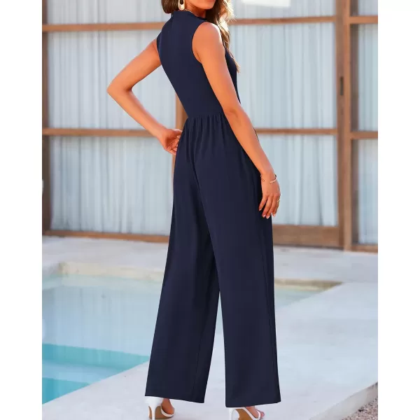 BTFBM One Piece Jumpsuits For Women Dressy Casual Summer Outfits Sleeveless Mock Neck Wide Leg Pants Rompers With PocketSolid Navy