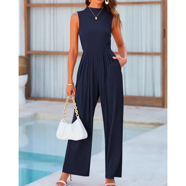 BTFBM One Piece Jumpsuits For Women Dressy Casual Summer Outfits Sleeveless Mock Neck Wide Leg Pants Rompers With PocketSolid Navy