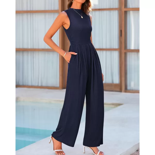 BTFBM One Piece Jumpsuits For Women Dressy Casual Summer Outfits Sleeveless Mock Neck Wide Leg Pants Rompers With PocketSolid Navy