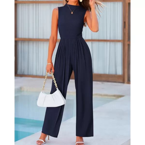 BTFBM One Piece Jumpsuits For Women Dressy Casual Summer Outfits Sleeveless Mock Neck Wide Leg Pants Rompers With PocketSolid Navy
