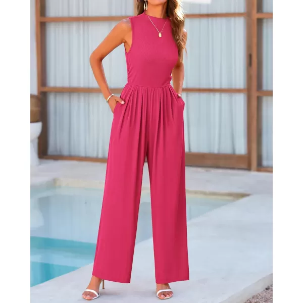 BTFBM One Piece Jumpsuits For Women Dressy Casual Summer Outfits Sleeveless Mock Neck Wide Leg Pants Rompers With PocketSolid Rose Red