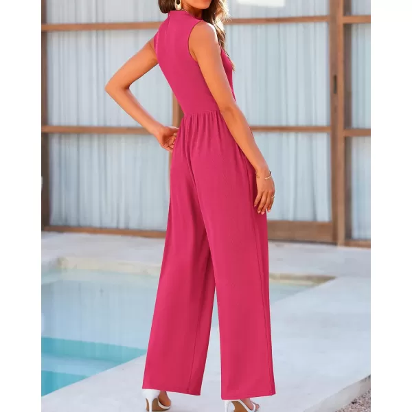BTFBM One Piece Jumpsuits For Women Dressy Casual Summer Outfits Sleeveless Mock Neck Wide Leg Pants Rompers With PocketSolid Rose Red