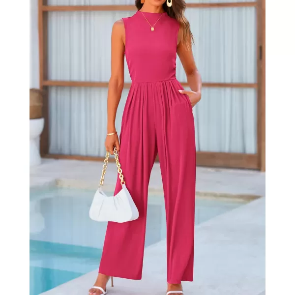 BTFBM One Piece Jumpsuits For Women Dressy Casual Summer Outfits Sleeveless Mock Neck Wide Leg Pants Rompers With PocketSolid Rose Red