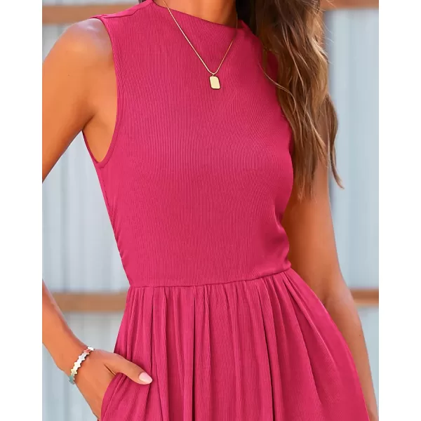 BTFBM One Piece Jumpsuits For Women Dressy Casual Summer Outfits Sleeveless Mock Neck Wide Leg Pants Rompers With PocketSolid Rose Red