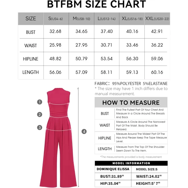 BTFBM One Piece Jumpsuits For Women Dressy Casual Summer Outfits Sleeveless Mock Neck Wide Leg Pants Rompers With PocketSolid Rose Red