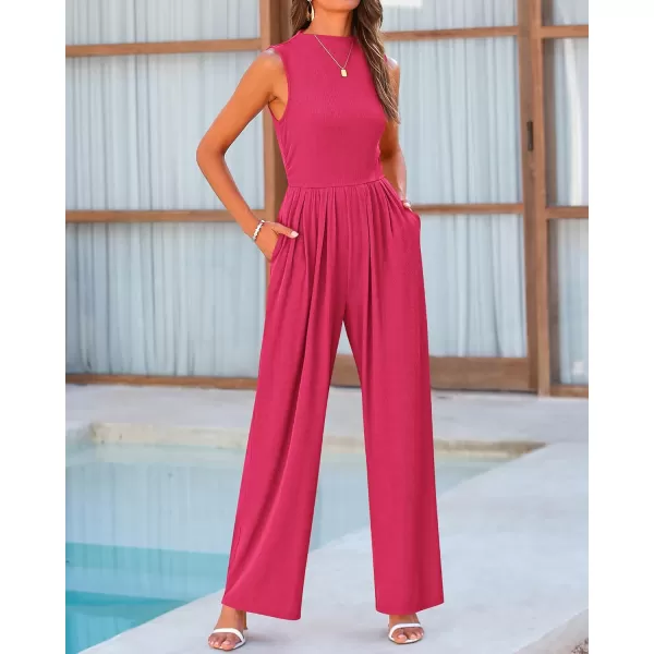 BTFBM One Piece Jumpsuits For Women Dressy Casual Summer Outfits Sleeveless Mock Neck Wide Leg Pants Rompers With PocketSolid Rose Red