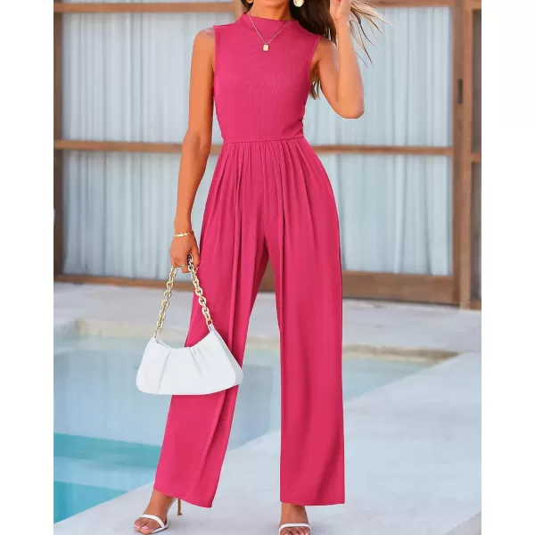 BTFBM One Piece Jumpsuits For Women Dressy Casual Summer Outfits Sleeveless Mock Neck Wide Leg Pants Rompers With PocketSolid Rose Red