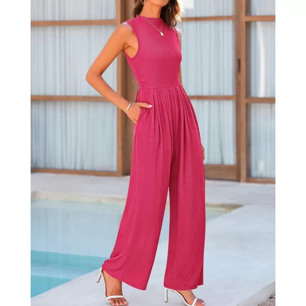 BTFBM One Piece Jumpsuits For Women Dressy Casual Summer Outfits Sleeveless Mock Neck Wide Leg Pants Rompers With PocketSolid Rose Red