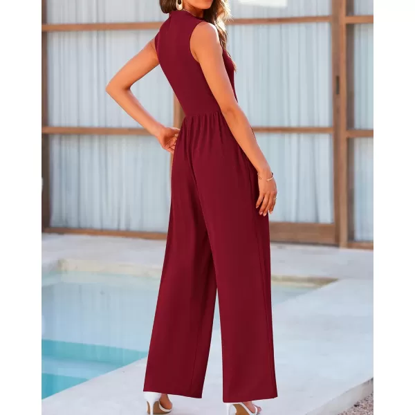 BTFBM One Piece Jumpsuits For Women Dressy Casual Summer Outfits Sleeveless Mock Neck Wide Leg Pants Rompers With PocketSolid Wine Red