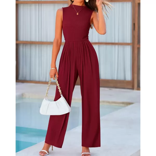 BTFBM One Piece Jumpsuits For Women Dressy Casual Summer Outfits Sleeveless Mock Neck Wide Leg Pants Rompers With PocketSolid Wine Red
