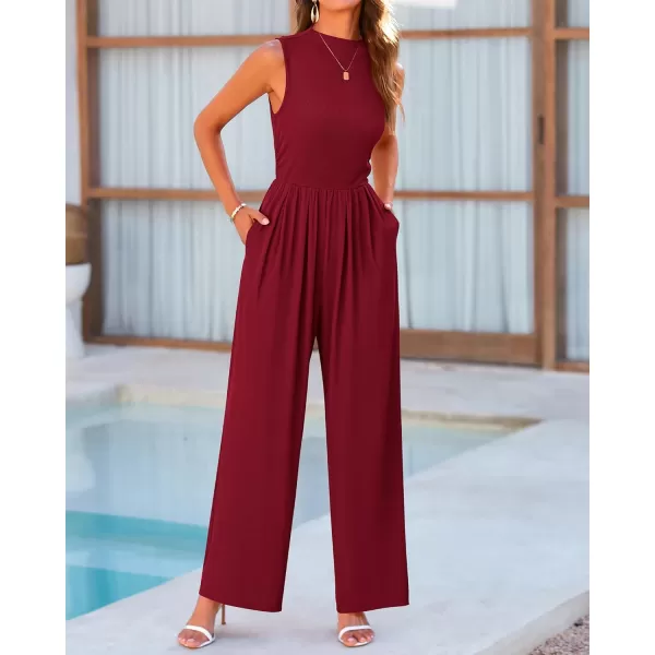 BTFBM One Piece Jumpsuits For Women Dressy Casual Summer Outfits Sleeveless Mock Neck Wide Leg Pants Rompers With PocketSolid Wine Red