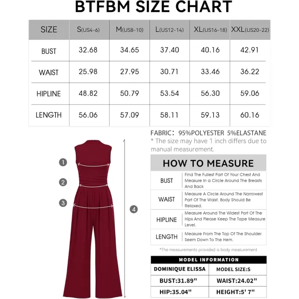BTFBM One Piece Jumpsuits For Women Dressy Casual Summer Outfits Sleeveless Mock Neck Wide Leg Pants Rompers With PocketSolid Wine Red