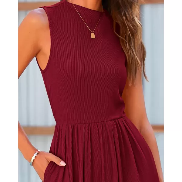 BTFBM One Piece Jumpsuits For Women Dressy Casual Summer Outfits Sleeveless Mock Neck Wide Leg Pants Rompers With PocketSolid Wine Red
