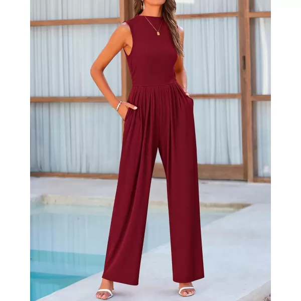 BTFBM One Piece Jumpsuits For Women Dressy Casual Summer Outfits Sleeveless Mock Neck Wide Leg Pants Rompers With PocketSolid Wine Red