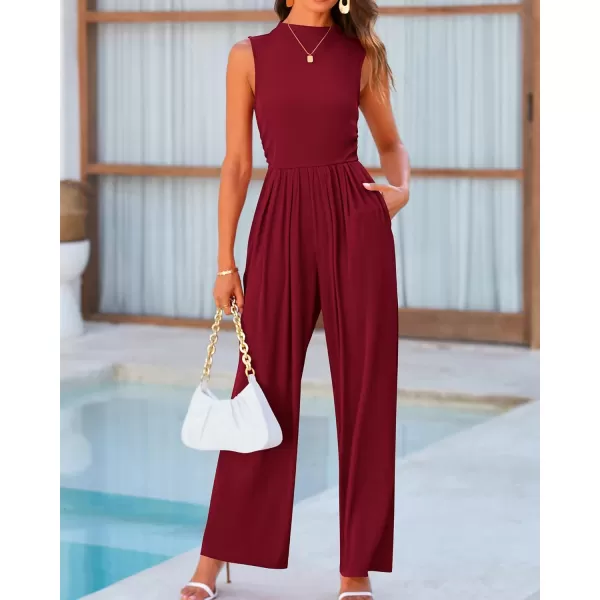 BTFBM One Piece Jumpsuits For Women Dressy Casual Summer Outfits Sleeveless Mock Neck Wide Leg Pants Rompers With PocketSolid Wine Red
