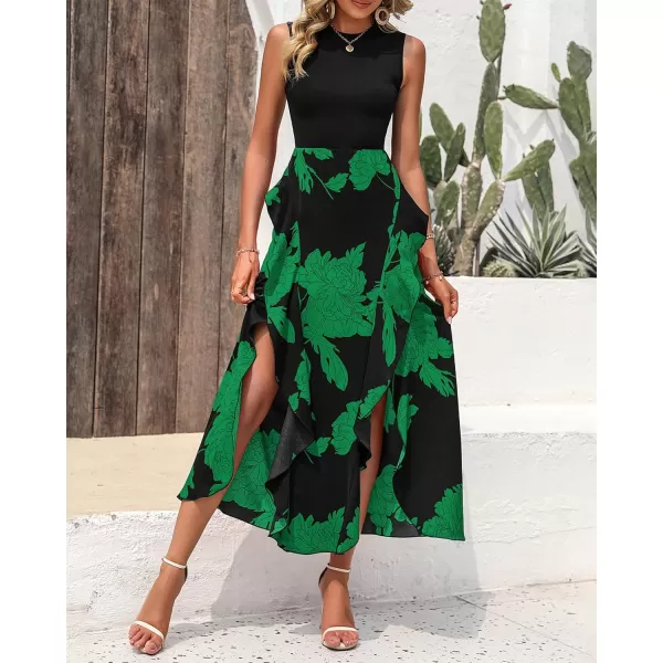 BTFBM Women Casual Sleeveless Summer Dresses 2024 Spring Crewneck Patchwork Boho Floral Ruffle Cocktail Party Midi DressBig Floral Green