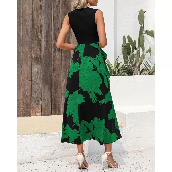 BTFBM Women Casual Sleeveless Summer Dresses 2024 Spring Crewneck Patchwork Boho Floral Ruffle Cocktail Party Midi DressBig Floral Green