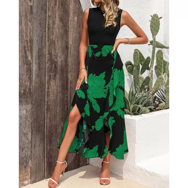 BTFBM Women Casual Sleeveless Summer Dresses 2024 Spring Crewneck Patchwork Boho Floral Ruffle Cocktail Party Midi DressBig Floral Green