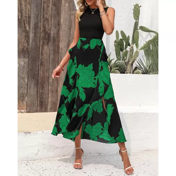 BTFBM Women Casual Sleeveless Summer Dresses 2024 Spring Crewneck Patchwork Boho Floral Ruffle Cocktail Party Midi DressBig Floral Green