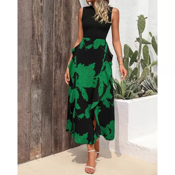 BTFBM Women Casual Sleeveless Summer Dresses 2024 Spring Crewneck Patchwork Boho Floral Ruffle Cocktail Party Midi DressBig Floral Green