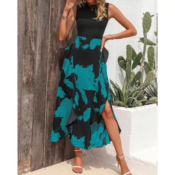 BTFBM Women Casual Sleeveless Summer Dresses 2024 Spring Crewneck Patchwork Boho Floral Ruffle Cocktail Party Midi DressBig Floral Lake Blue