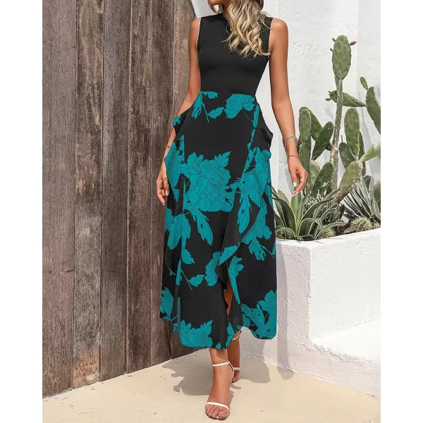 BTFBM Women Casual Sleeveless Summer Dresses 2024 Spring Crewneck Patchwork Boho Floral Ruffle Cocktail Party Midi DressBig Floral Lake Blue