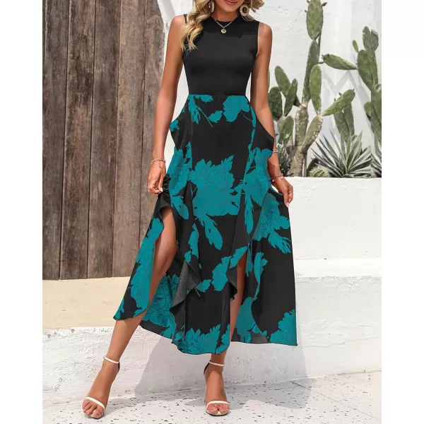BTFBM Women Casual Sleeveless Summer Dresses 2024 Spring Crewneck Patchwork Boho Floral Ruffle Cocktail Party Midi DressBig Floral Lake Blue