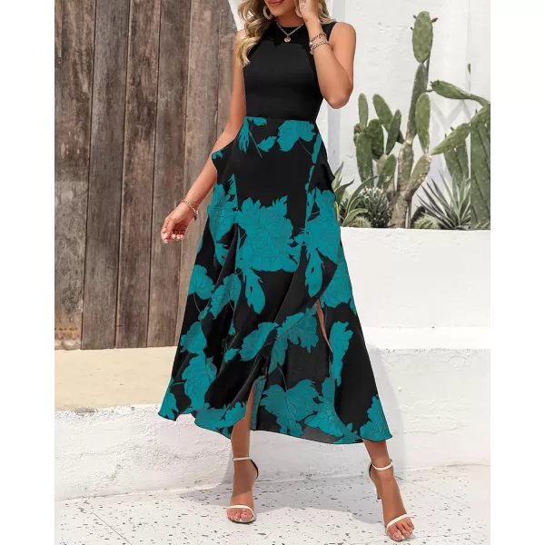 BTFBM Women Casual Sleeveless Summer Dresses 2024 Spring Crewneck Patchwork Boho Floral Ruffle Cocktail Party Midi DressBig Floral Lake Blue