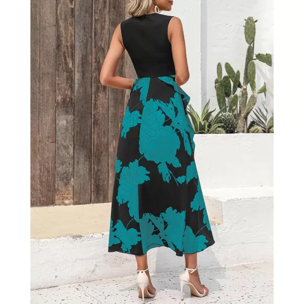 BTFBM Women Casual Sleeveless Summer Dresses 2024 Spring Crewneck Patchwork Boho Floral Ruffle Cocktail Party Midi DressBig Floral Lake Blue